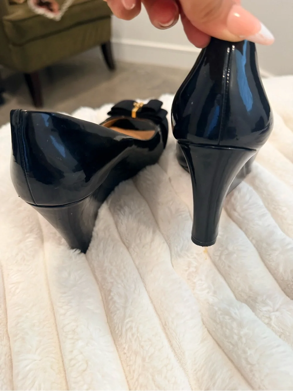 Tory Burch Black Patent Peep-Toe Wedge with Gold Logo Bow